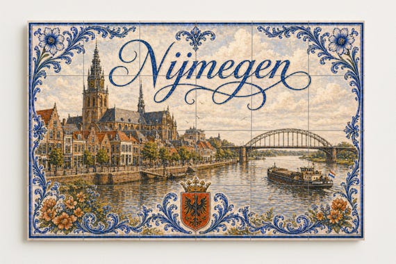 Mural de azulejos de cerámica del río Waal en Nijmegen, histórico puente hola… — vista 4