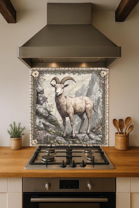 Mural de azulejos de cerámica con cabra montés en un acantilado rocoso, panel…
