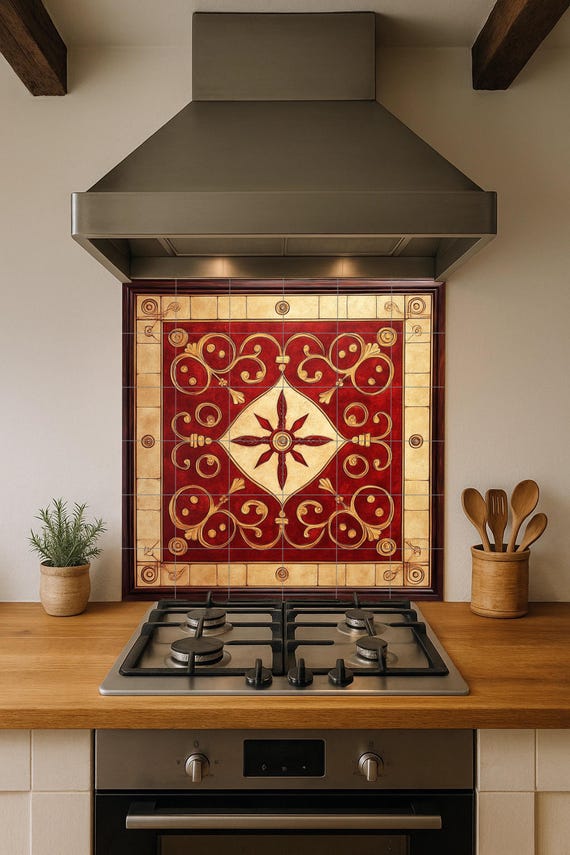 Mural de cerámica ornamental rojo y dorado — vista 4