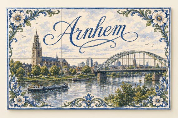 Mural de azulejos de cerámica del río Rin en Arnhem, arte mural del puente Jo… — vista 4