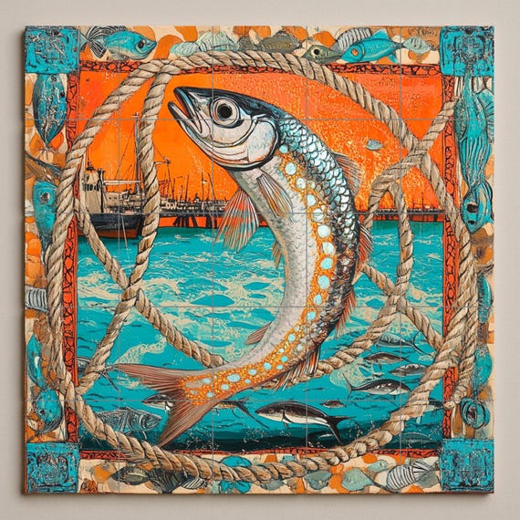 Mural de azulejos de cerámica con diseño de peces náuticos, escena portuaria … — vista 3