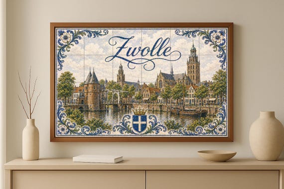 Mural de azulejos de cerámica de Zwolle, canales históricos, torres medievale… — vista 3