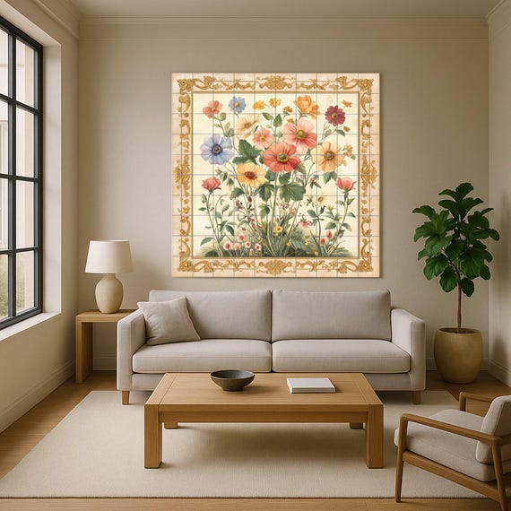 Mural de pared de cerámica floral con flores silvestres y borde dorado adorna… — vista 4