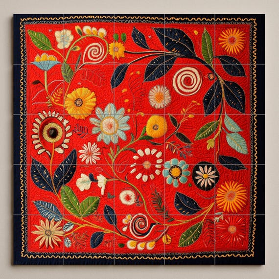 Mural de cerámica rojo intenso con remolinos botánicos, flores en espiral, fl… — vista 2
