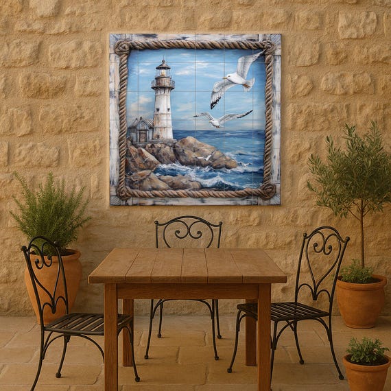 Mural de pared de cerámica de faro costero con gaviotas sobre olas del océano… — vista 4