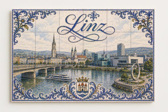 Mural de azulejos de cerámica del río Danubio en Linz, Austria, con el modern… — vista 4