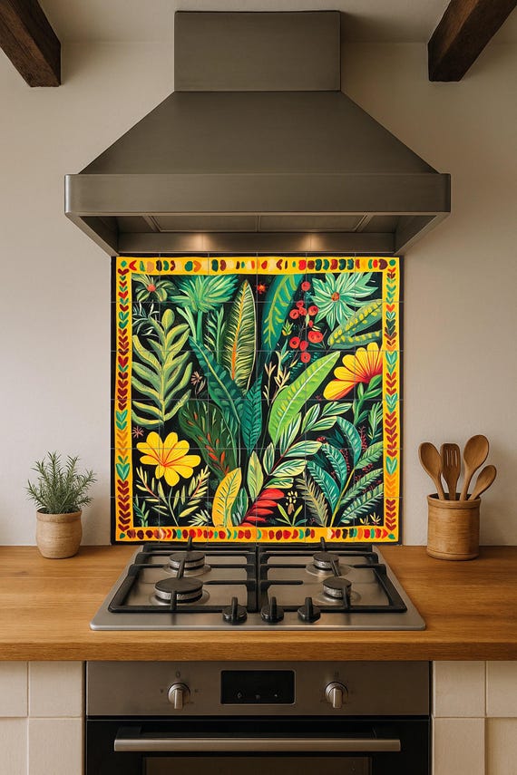 Mural de cerámica colombiana con follaje tropical — Mural cerámico de Cerámicas La Noria