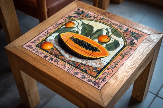 Mural de azulejos cerámicos botánicos coloniales con papaya y frutas cítricas… — vista 4
