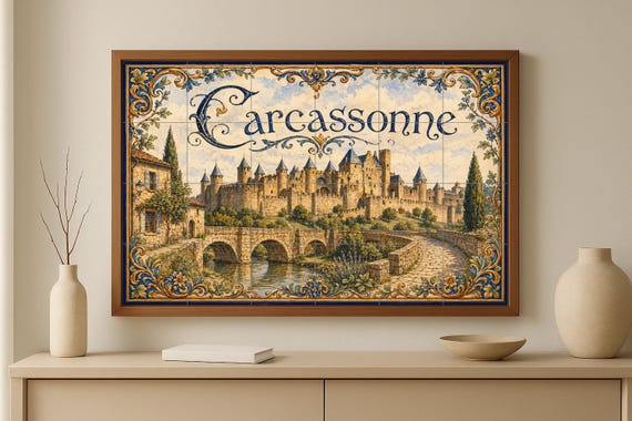 Mural de azulejos de cerámica de Carcasona, arte mural de un castillo medieva… — vista 4