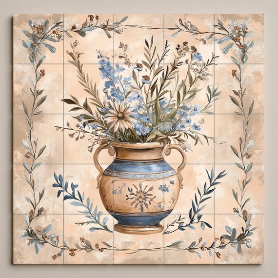 Mural de cerámica toscano con jarrón floral — vista 3