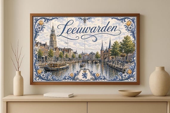 Mural de azulejos de cerámica de los canales históricos de Leeuwarden, Países… — vista 3
