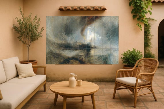 Mural de azulejos de cerámica con diseño de barco de vapor en tormenta de nieve — vista 4