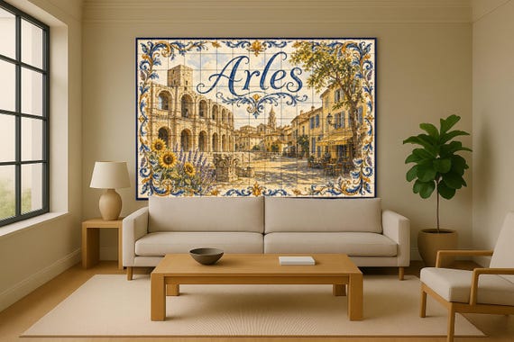 Mural de azulejos de cerámica de Arles, arte mural provenzal con anfiteatro r… — vista 2