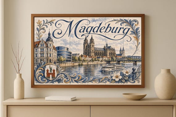 Mural de azulejos de cerámica de Magdeburgo, arte mural de paisaje urbano del… — vista 3
