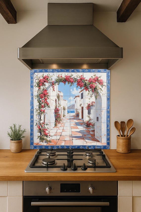 Mural de azulejos de cerámica de un pueblo costero mediterráneo — vista 2