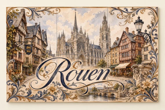 Mural de azulejos de cerámica de Rouen, arte mural de catedral gótica frances…