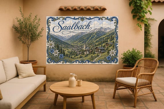Mural de azulejos de cerámica de Saalbach, Austria, pueblo alpino y paisaje a… — Mural cerámico de Cerámicas La Noria