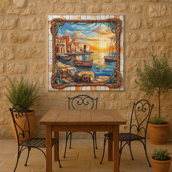 Mural de azulejos de cerámica con puesta de sol en el puerto, barcos de pesca…
