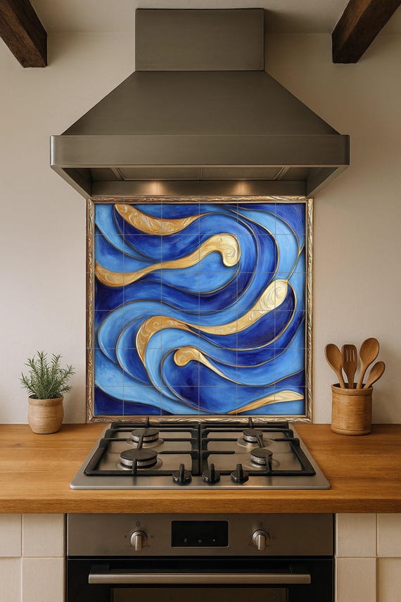 Mural de azulejos de cerámica abstractos azules y dorados para pared. Panel d… — vista 2