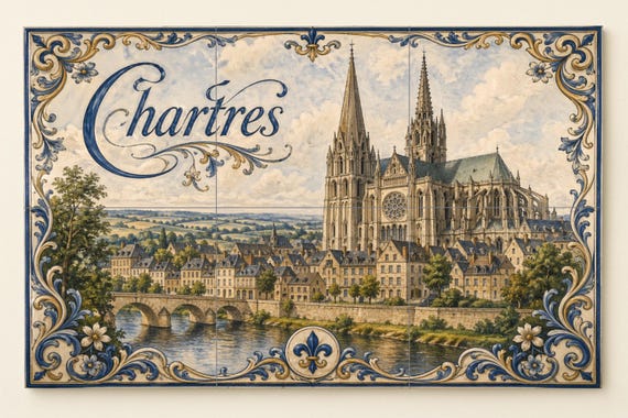 Mural de azulejos de cerámica de Chartres, arte mural de la catedral gótica f…