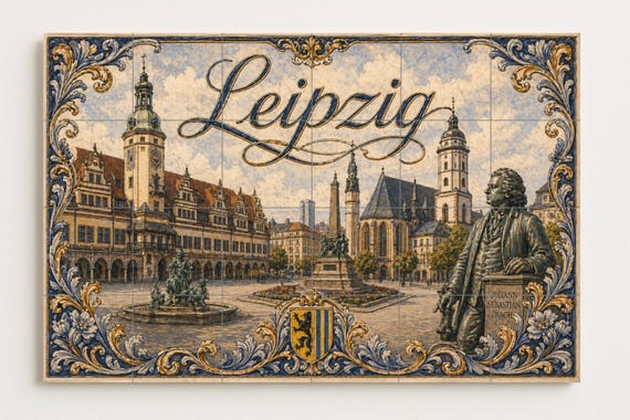 Mural de azulejos de cerámica de Leipzig, Alemania, arte mural con paisaje ur… — vista 2