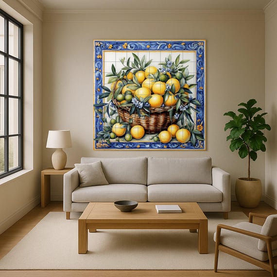 Mural cerámico con cesta de limones y naranjas