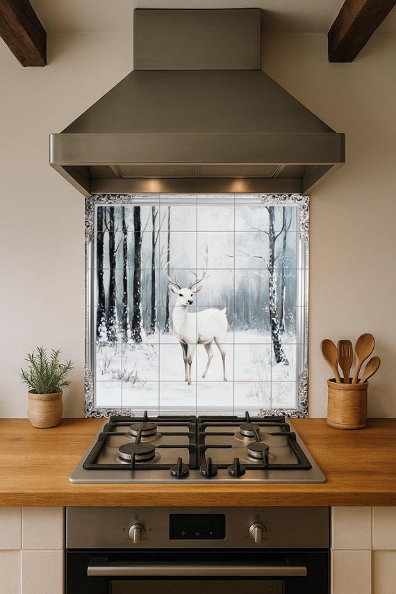 Mural de pared de cerámica de ciervo blanco con escena de bosque nevado y bor… — Mural cerámico de Cerámicas La Noria