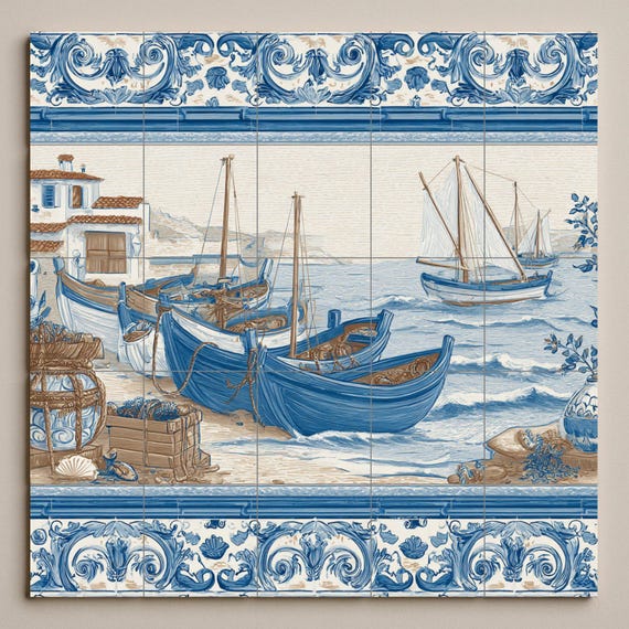 Mural de azulejos con barcos pesqueros mediterráneos — vista 3
