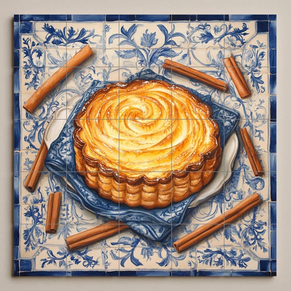 Mural portugués de azulejos de cerámica pastel de nata con palitos de canela … — vista 3