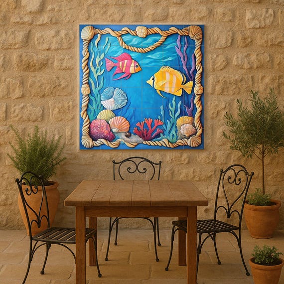 Mural de azulejos submarinos con peces de colores, conchas y marco de coral. …