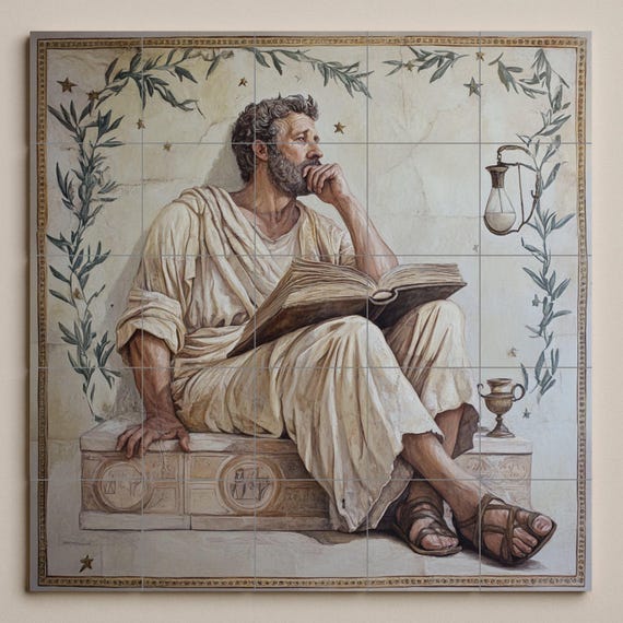 Mural de cerámica estoica de un filósofo con un libro — vista 3