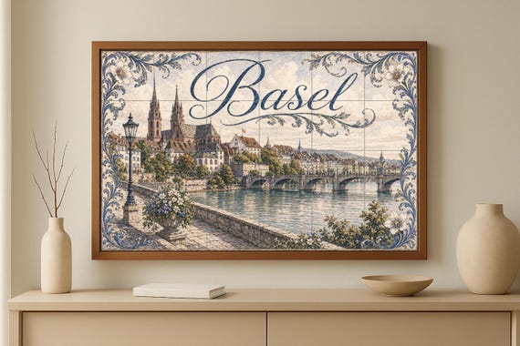 Mural de azulejos de cerámica de Basilea, panel de arte mural con paisaje urb… — vista 3