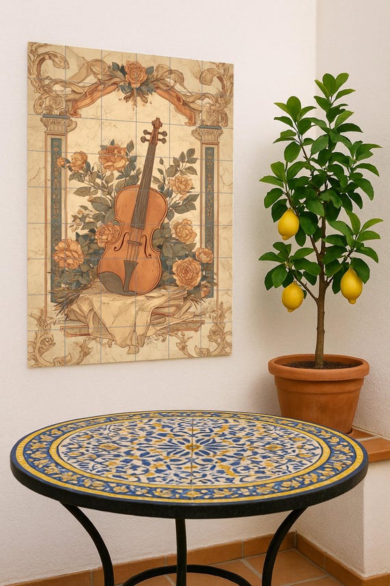 Mural cerámico de violín y rosas — Mural cerámico de Cerámicas La Noria