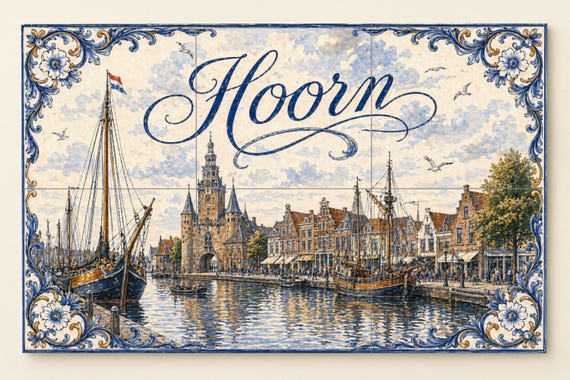 Mural de azulejos de cerámica del puerto histórico de Hoorn, barcos de vela h…