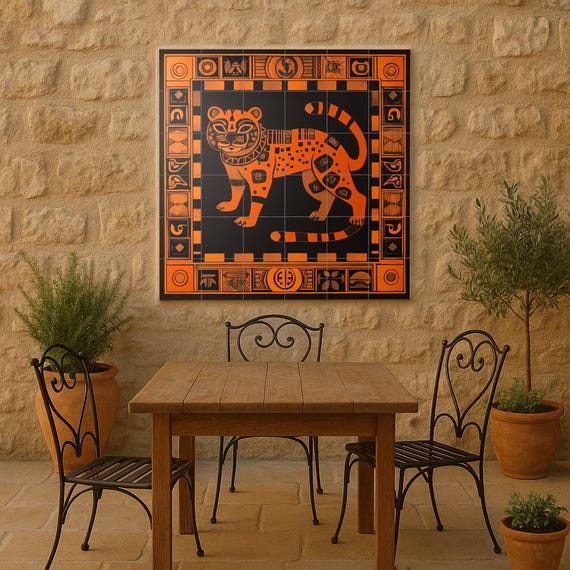 Mural de cerámica de jaguar azteca en naranja quemado y negro, arte mural geo…