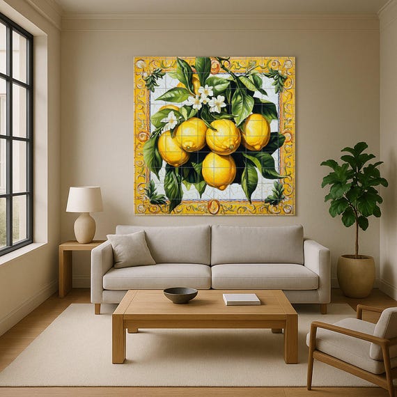 Mural de azulejos de cerámica con limones, flores de cítricos, hojas verdes y… — vista 2