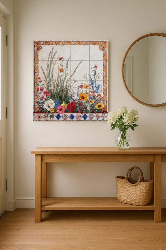 Mural de azulejos de cerámica con borde de prado de flores silvestres, tallos… — vista 2