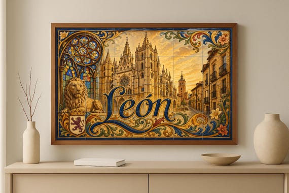Mural de azulejos de cerámica de la Catedral de León, decoración de pared gót… — vista 3