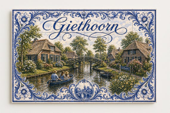Mural de azulejos de cerámica de Giethoorn, casas de campo holandesas con tec… — vista 4