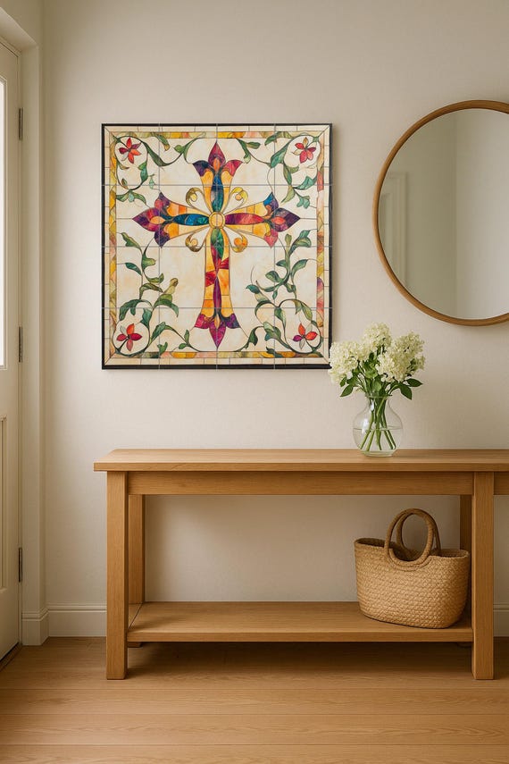 Mural de pared de cerámica con forma de cruz de colores con adornos florales,… — vista 2