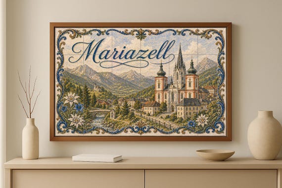 Mural de azulejos de cerámica de Mariazell, Austria, Basílica alpina y decora… — vista 2