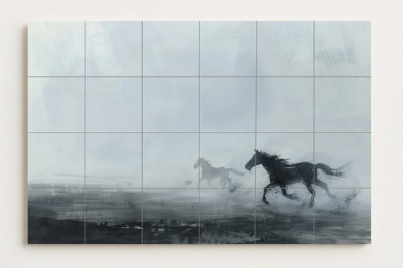 Mural de cerámica de caballos salvajes corriendo — vista 2