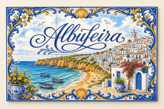 Mural de azulejos de cerámica de Albufeira, Portugal, pueblo costero del Alga… — vista 3