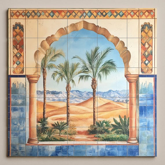 Mural de pared de cerámica con arco morisco, oasis en el desierto y palmeras,… — vista 3