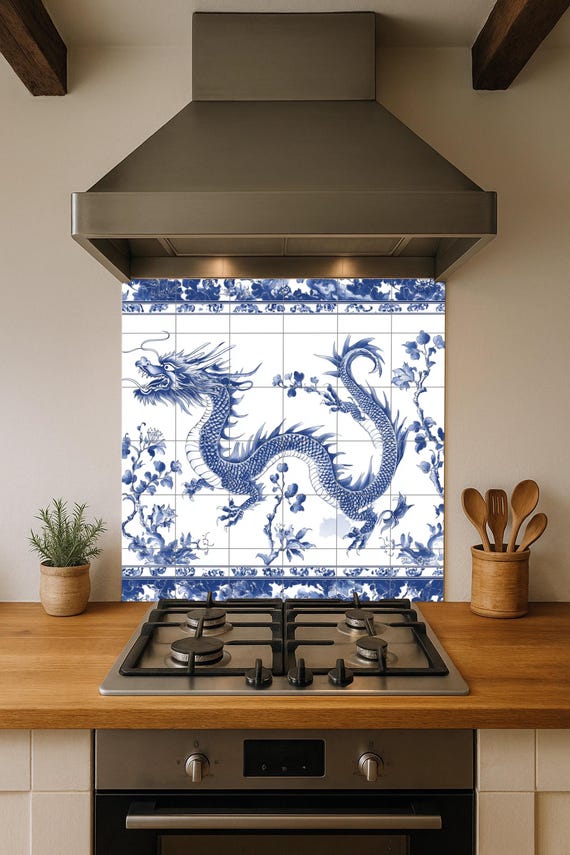 Mural cerámico de dragón azul chino — vista 4
