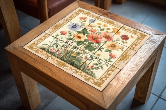 Mural de pared de cerámica floral con flores silvestres y borde dorado adorna…