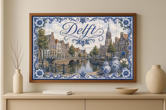 Mural de azulejos de cerámica de Delft, Países Bajos, decoración de pared con… — vista 3