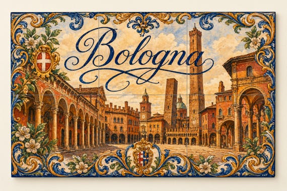 Mural de azulejos de cerámica con torres medievales de Bolonia, decoración de…