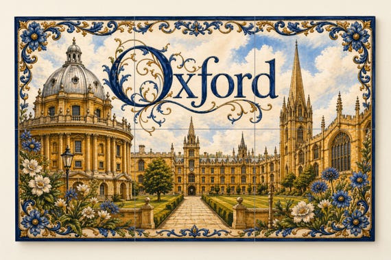 Mural de azulejos de cerámica de Oxford, Inglaterra, arte mural universitario…