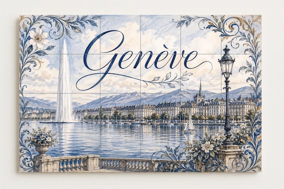Mural de azulejos de cerámica de Ginebra, Suiza, arte mural del lago Lemán, d… — vista 4